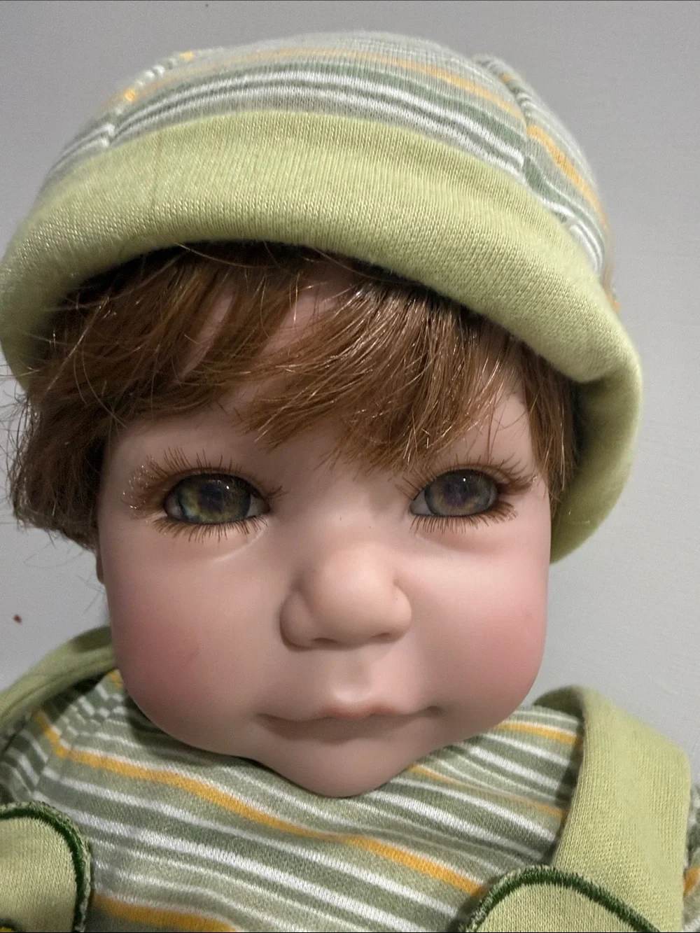 Green Frog Infant Doll Outfit — Striped Onesie & Hat